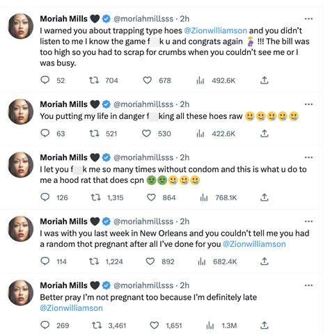 Jun 28, 2023 · Published June 28, 2023, 6:16 p.m. ET. The baby mama drama between Pelicans star forward Zion Williamson, and former adult film star Moriah Mills took another twist on Wednesday when Mills posted ... 